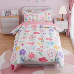 Floral Full Bedding Sets For Girl, Ultra Soft Microfiber Comforter Bed Set With 4-Pieces, Flower Comforters Sets For Kids Children Girl Teen Tween Bedroom Decor