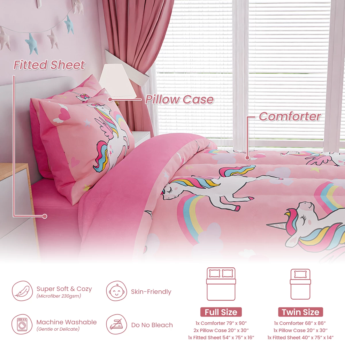 Unicorns Bedding Full Set For Girls Kids Children, Ultra Soft Microfiber Comforter Set With 4-Pieces, Comforters Bed Sets Bedroom Decor 8 Unicorns Bedding Full Set For Girls Kids Children, Ultra Soft Microfiber Comforter Set With 4-Pieces, Comforters Bed Sets Bedroom Decor - Image 6
