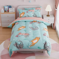 Cat Comforter Set Twin For Girls, Ultra Soft Microfiber Bedding Sets With 3-Pieces, Cats Comforters Bed Sets For Kids Children Girl Bedroom Decor