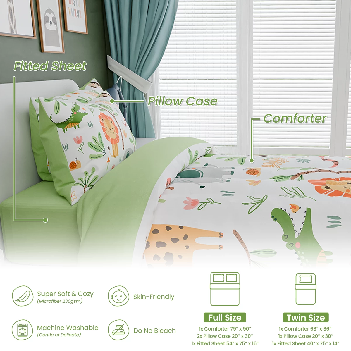Jungle Animal Kids Bedding Set For Boys Girls, Ultra Soft Microfiber Comforter Set Full Size 4-Pieces, Comforters Bed Sets For Kid Tween Teen Bedroom Decor 8 Jungle Animal Kids Bedding Set For Boys Girls, Ultra Soft Microfiber Comforter Set Full Size 4-Pieces, Comforters Bed Sets For Kid Tween Teen Bedroom Decor - Image 6