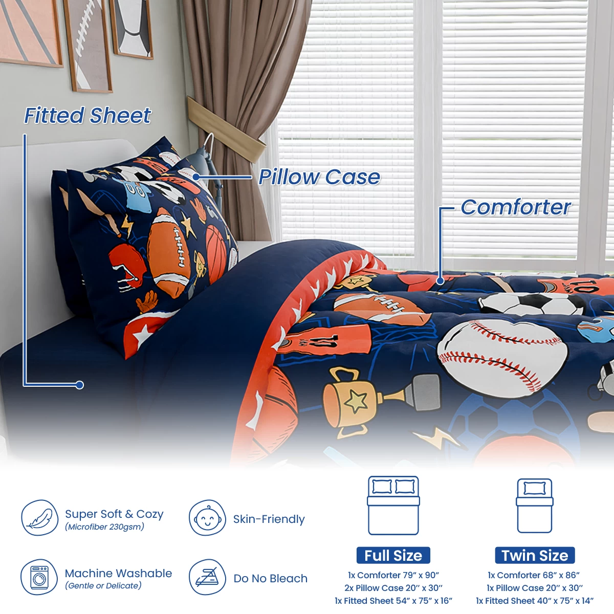 Sports Bedding Sets For Boys, Ultra Soft Microfiber Comforter Full Size Set With 4-Pieces, Comforters For Kids Children Boy Bedroom Decor 7 Sports Bedding Sets For Boys, Ultra Soft Microfiber Comforter Full Size Set With 4-Pieces, Comforters For Kids Children Boy Bedroom Decor - Image 6