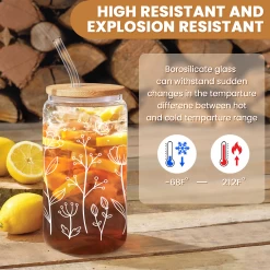 Floral Cup 16 Oz Can Glass With Bamboo Lid And Straw - Wildflower Drinking Coffee Glass Cup Gifts For Women -Gift Series Store FBSJFSCIPV251223001 20mk3