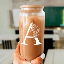 Monogram A Initial Glass Cup 16 Oz Can Coffee Cups With Lid And Straw -Gift Series Store FBSJFSCIPV301223001 20mk6