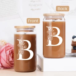 Monogram B Initial Glass Cup 16 Oz Can Coffee Cups With Lid And Straw -Gift Series Store FBSJFSCIPV301223002 20mk4