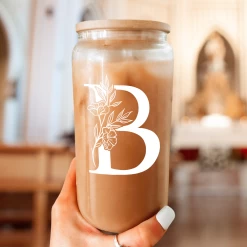 Monogram B Initial Glass Cup 16 Oz Can Coffee Cups With Lid And Straw -Gift Series Store FBSJFSCIPV301223002 20mk6