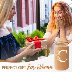 Monogram C Initial Glass Cup 16 Oz Can Coffee Cups With Lid And Straw -Gift Series Store FBSJFSCIPV301223003 20mk5