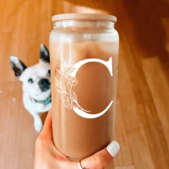 Monogram C Initial Glass Cup 16 Oz Can Coffee Cups With Lid And Straw -Gift Series Store FBSJFSCIPV301223003 20mk6