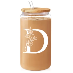 Monogram D Initial Glass Cup 16 Oz Can Coffee Cups With Lid And Straw
