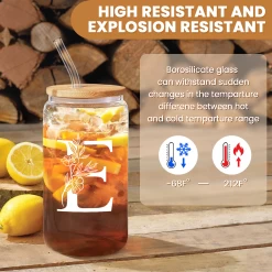 Monogram E Initial Glass Cup 16 Oz Can Coffee Cups With Lid And Straw -Gift Series Store FBSJFSCIPV301223005 20mk3