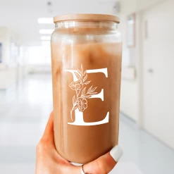 Monogram E Initial Glass Cup 16 Oz Can Coffee Cups With Lid And Straw -Gift Series Store FBSJFSCIPV301223005 20mk6