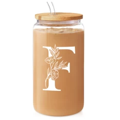 Monogram F Initial Glass Cup 16 Oz Can Coffee Cups With Lid And Straw