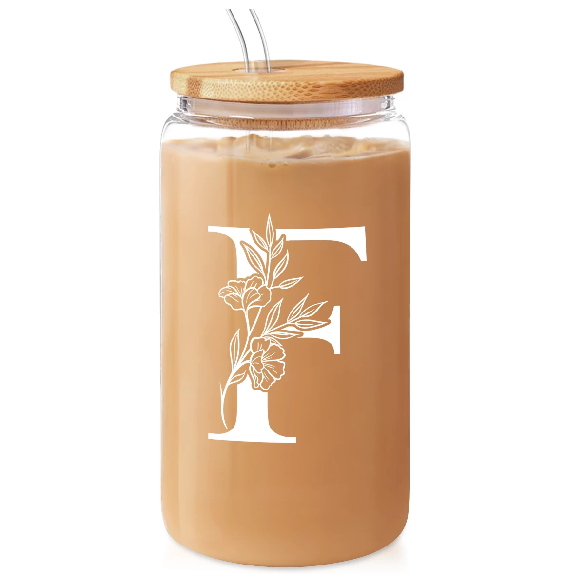 Monogram F Initial Glass Cup 16 Oz Can Coffee Cups With Lid And Straw 3 Monogram F Initial Glass Cup 16 Oz Can Coffee Cups With Lid And Straw