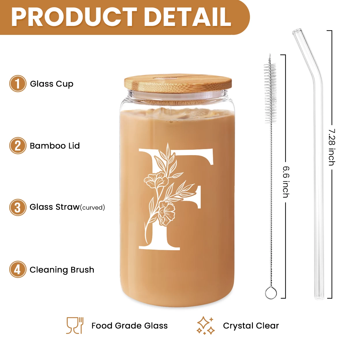 Monogram F Initial Glass Cup 16 Oz Can Coffee Cups With Lid And Straw 4 Monogram F Initial Glass Cup 16 Oz Can Coffee Cups With Lid And Straw - Image 2