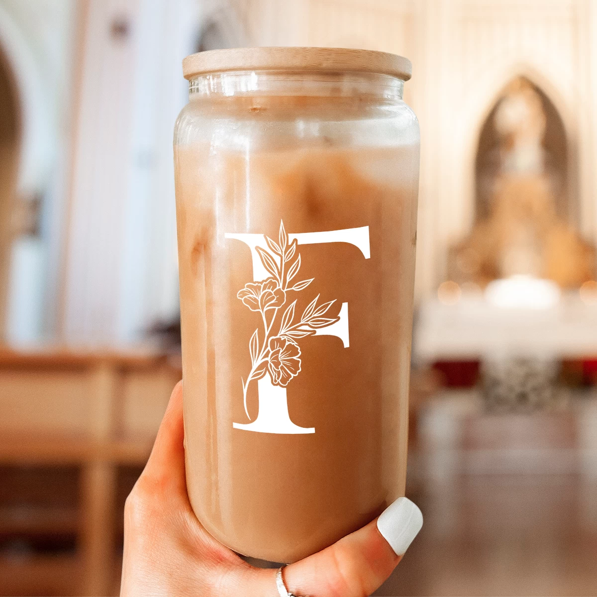 Monogram F Initial Glass Cup 16 Oz Can Coffee Cups With Lid And Straw 8 Monogram F Initial Glass Cup 16 Oz Can Coffee Cups With Lid And Straw - Image 6