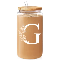 Monogram G Initial Glass Cup 16 Oz Can Coffee Cups With Lid And Straw