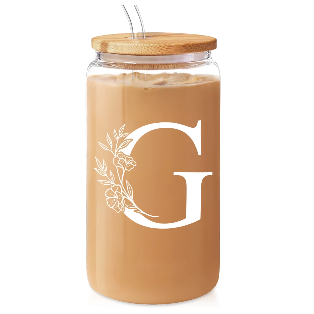 Monogram G Initial Glass Cup 16 Oz Can Coffee Cups With Lid And Straw 3 Monogram G Initial Glass Cup 16 Oz Can Coffee Cups With Lid And Straw