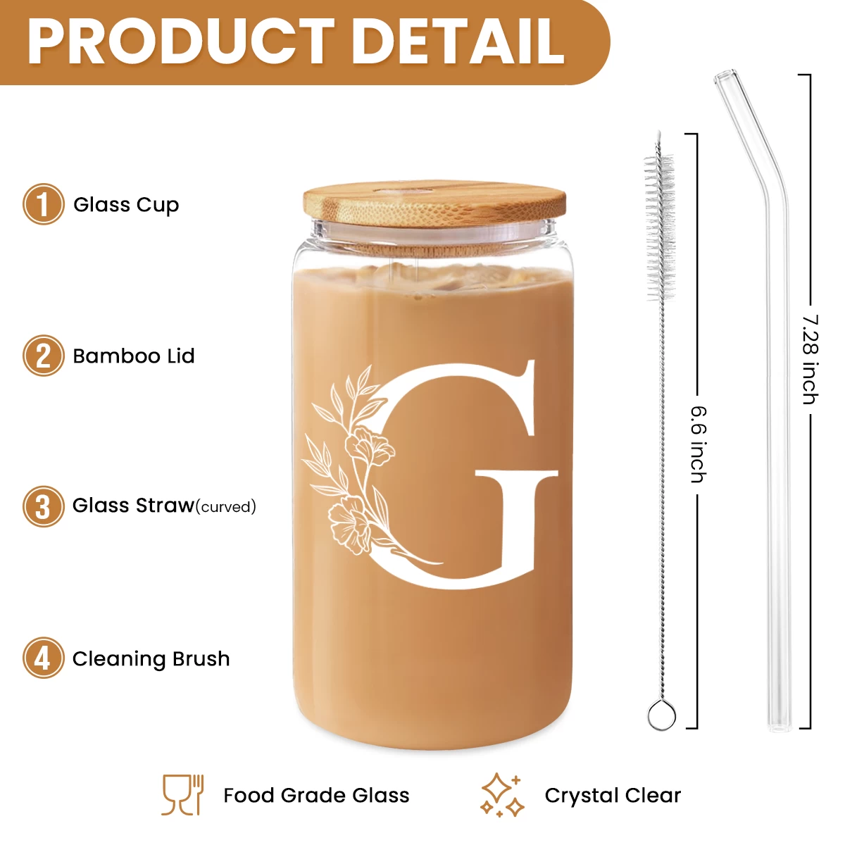 Monogram G Initial Glass Cup 16 Oz Can Coffee Cups With Lid And Straw 4 Monogram G Initial Glass Cup 16 Oz Can Coffee Cups With Lid And Straw - Image 2