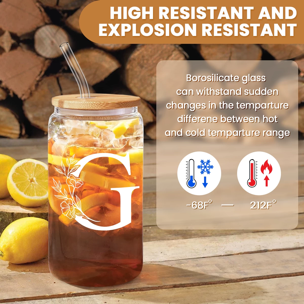 Monogram G Initial Glass Cup 16 Oz Can Coffee Cups With Lid And Straw 5 Monogram G Initial Glass Cup 16 Oz Can Coffee Cups With Lid And Straw - Image 3