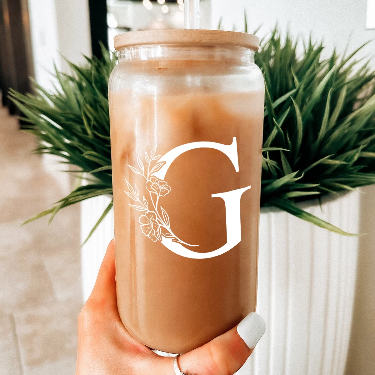 Monogram G Initial Glass Cup 16 Oz Can Coffee Cups With Lid And Straw 8 Monogram G Initial Glass Cup 16 Oz Can Coffee Cups With Lid And Straw - Image 6