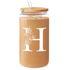 Monogram H Initial Glass Cup 16 Oz Can Coffee Cups With Lid And Straw