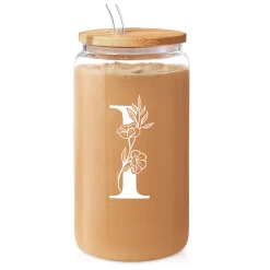 Monogram I Initial Glass Cup 16 Oz Can Coffee Cups With Lid And Straw