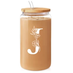 Monogram J Initial Glass Cup 16 Oz Can Coffee Cups With Lid And Straw