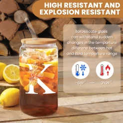 Monogram K Initial Glass Cup 16 Oz Can Coffee Cups With Lid And Straw -Gift Series Store FBSJFSCIPV301223011 20mk3