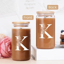 Monogram K Initial Glass Cup 16 Oz Can Coffee Cups With Lid And Straw -Gift Series Store FBSJFSCIPV301223011 20mk4