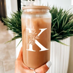 Monogram K Initial Glass Cup 16 Oz Can Coffee Cups With Lid And Straw -Gift Series Store FBSJFSCIPV301223011 20mk6