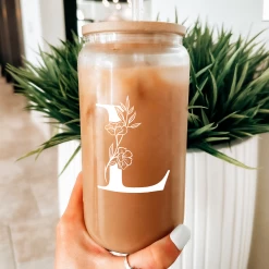 Monogram L Initial Glass Cup 16 Oz Can Coffee Cups With Lid And Straw - Gifts For Womens On Birthday -Gift Series Store FBSJFSCIPV301223012 20mk6