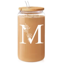 Monogram M Initial Glass Cup 16 Oz Can Coffee Cups With Lid And Straw