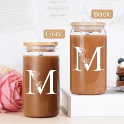 Monogram M Initial Glass Cup 16 Oz Can Coffee Cups With Lid And Straw -Gift Series Store FBSJFSCIPV301223013 20mk4