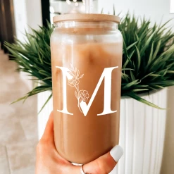 Monogram M Initial Glass Cup 16 Oz Can Coffee Cups With Lid And Straw -Gift Series Store FBSJFSCIPV301223013 20mk6