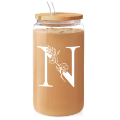 Monogram N Initial Glass Cup 16 Oz Can Coffee Cups With Lid And Straw - Gifts For Womens On Birthday