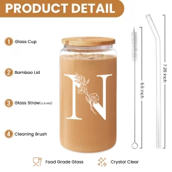 Monogram N Initial Glass Cup 16 Oz Can Coffee Cups With Lid And Straw - Gifts For Womens On Birthday -Gift Series Store FBSJFSCIPV301223014 20mk2