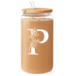 Monogram P Initial Glass Cup 16 Oz Can Coffee Cups With Lid And Straw - Gifts For Womens On Birthday