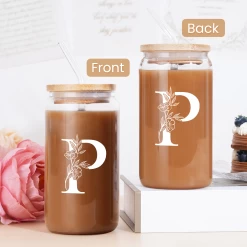 Monogram P Initial Glass Cup 16 Oz Can Coffee Cups With Lid And Straw - Gifts For Womens On Birthday -Gift Series Store FBSJFSCIPV301223016 20mk4