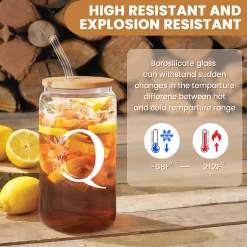 Monogram Q Initial Glass Cup 16 Oz Can Coffee Cups With Lid And Straw - Gifts For Womens On Birthday -Gift Series Store FBSJFSCIPV301223017 20mk3