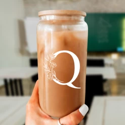 Monogram Q Initial Glass Cup 16 Oz Can Coffee Cups With Lid And Straw - Gifts For Womens On Birthday -Gift Series Store FBSJFSCIPV301223017 20mk6