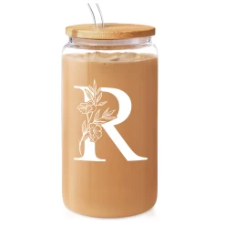 Monogram R Initial Glass Cup 16 Oz Can Coffee Cups With Lid And Straw - Gifts For Womens On Birthday