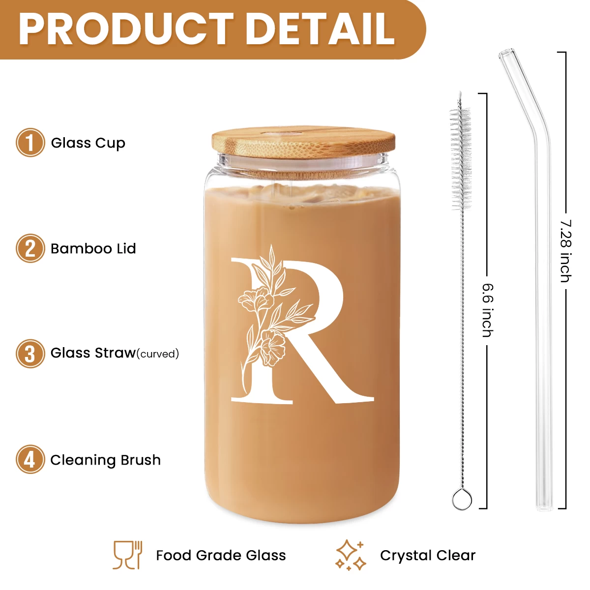 Monogram R Initial Glass Cup 16 Oz Can Coffee Cups With Lid And Straw - Gifts For Womens On Birthday 4 Monogram R Initial Glass Cup 16 Oz Can Coffee Cups With Lid And Straw - Gifts For Womens On Birthday - Image 2