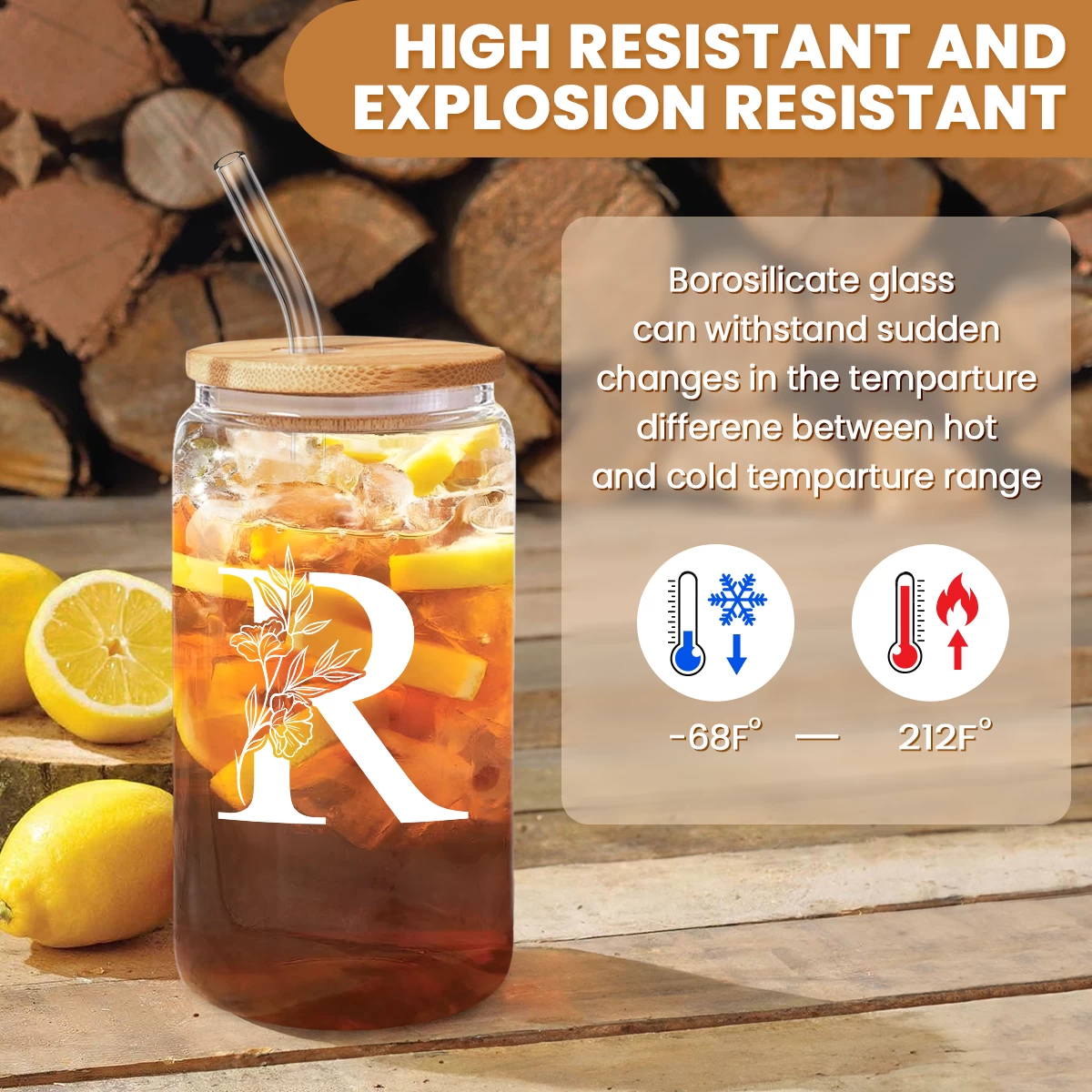 Monogram R Initial Glass Cup 16 Oz Can Coffee Cups With Lid And Straw - Gifts For Womens On Birthday 5 Monogram R Initial Glass Cup 16 Oz Can Coffee Cups With Lid And Straw - Gifts For Womens On Birthday - Image 3