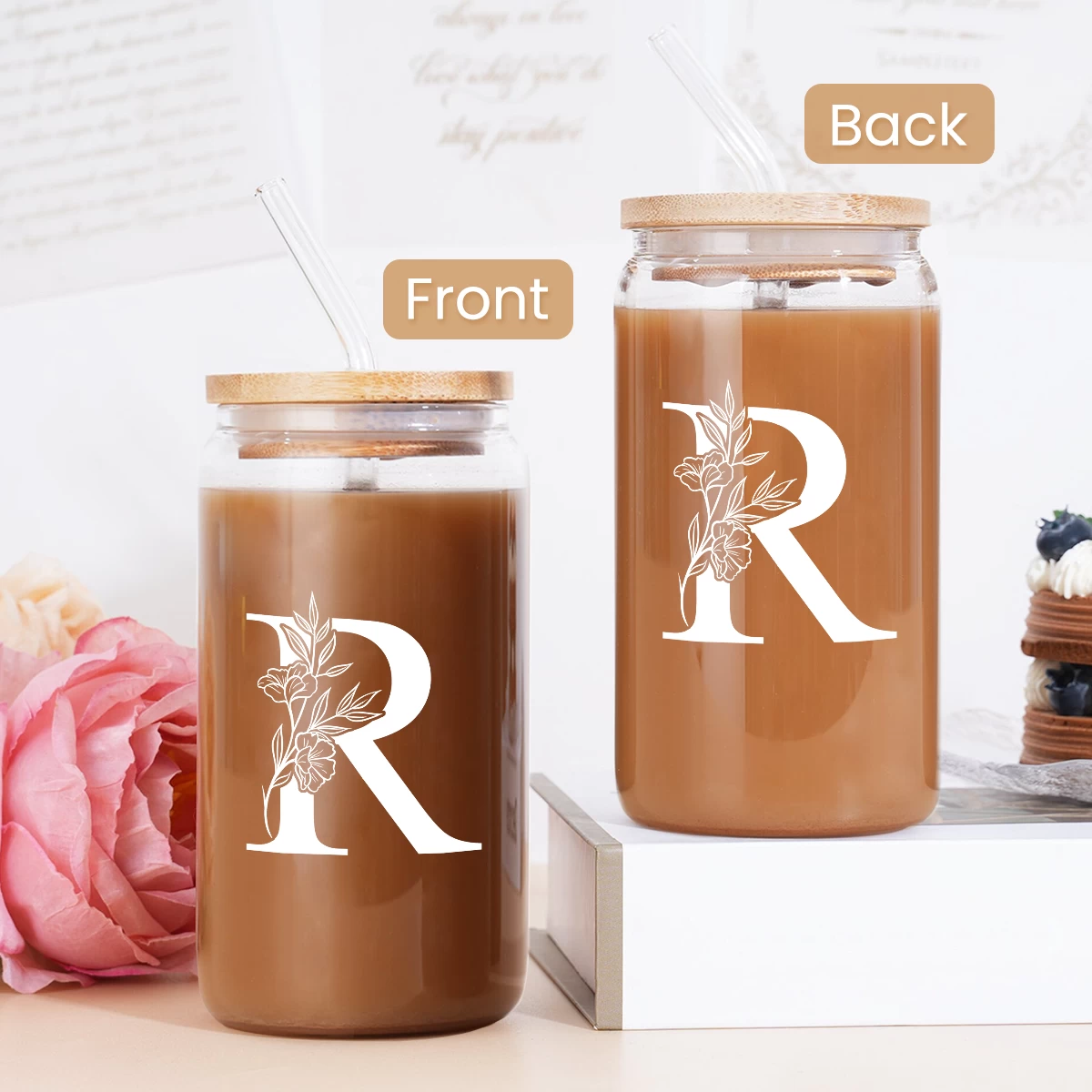 Monogram R Initial Glass Cup 16 Oz Can Coffee Cups With Lid And Straw - Gifts For Womens On Birthday 6 Monogram R Initial Glass Cup 16 Oz Can Coffee Cups With Lid And Straw - Gifts For Womens On Birthday - Image 4