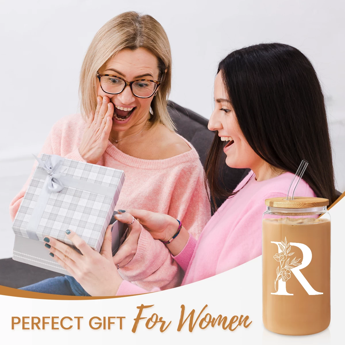 Monogram R Initial Glass Cup 16 Oz Can Coffee Cups With Lid And Straw - Gifts For Womens On Birthday 7 Monogram R Initial Glass Cup 16 Oz Can Coffee Cups With Lid And Straw - Gifts For Womens On Birthday - Image 5