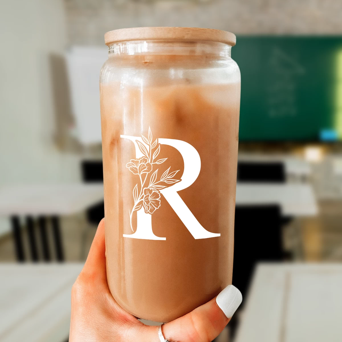 Monogram R Initial Glass Cup 16 Oz Can Coffee Cups With Lid And Straw - Gifts For Womens On Birthday 8 Monogram R Initial Glass Cup 16 Oz Can Coffee Cups With Lid And Straw - Gifts For Womens On Birthday - Image 6