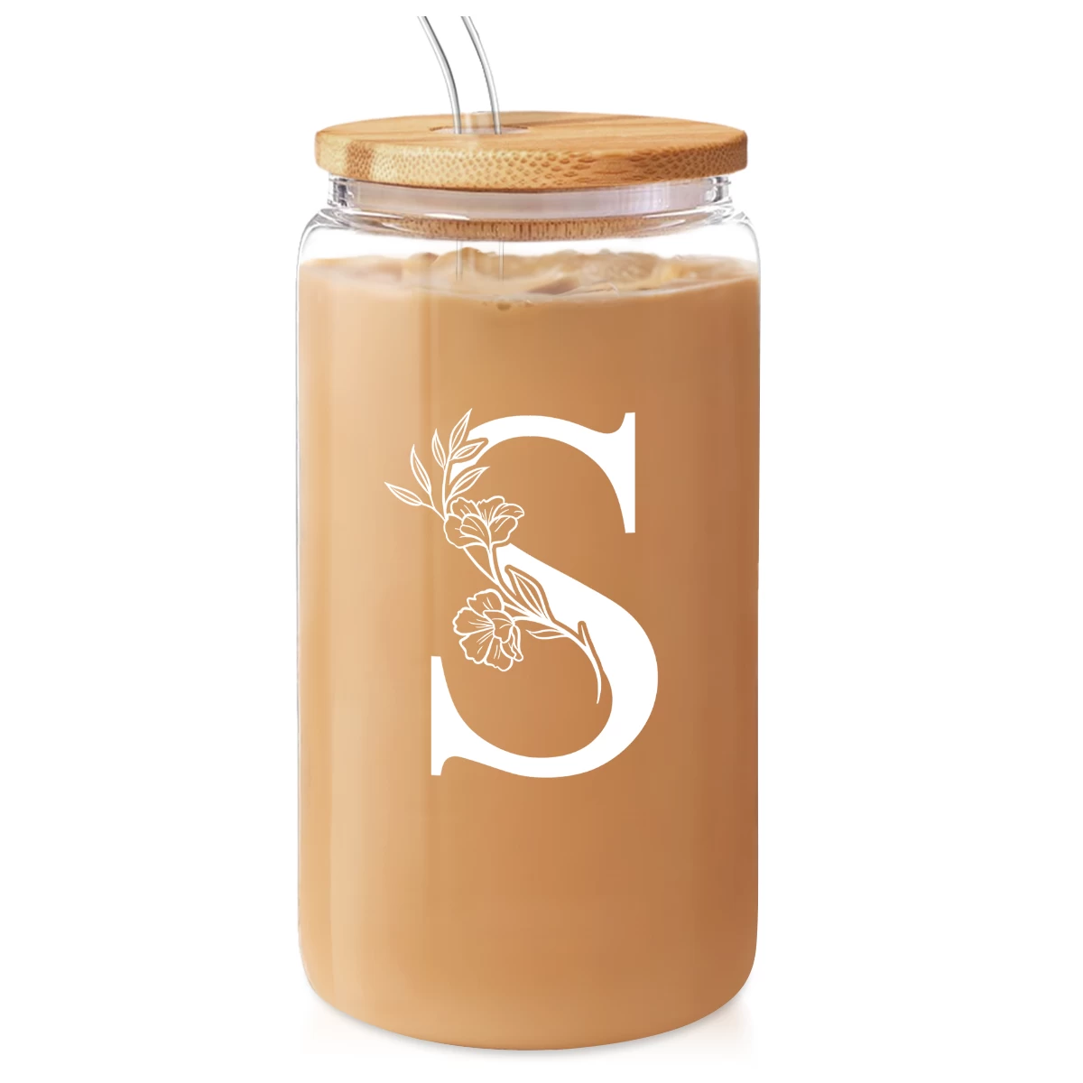 Monogram S Initial Glass Cup 16 Oz Can Coffee Cups With Lid And Straw - Gifts For Womens On Birthday 3 Monogram S Initial Glass Cup 16 Oz Can Coffee Cups With Lid And Straw - Gifts For Womens On Birthday
