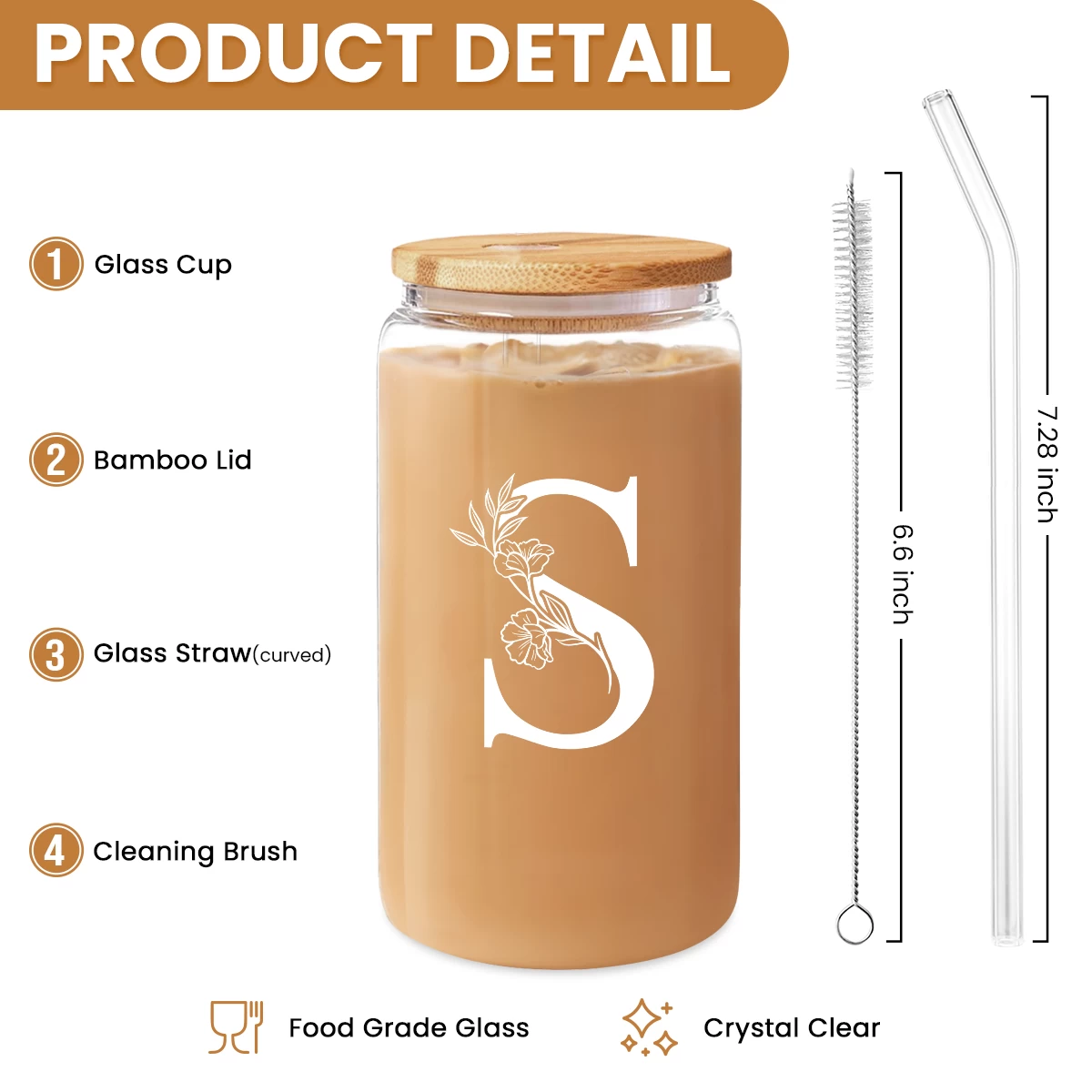 Monogram S Initial Glass Cup 16 Oz Can Coffee Cups With Lid And Straw - Gifts For Womens On Birthday 4 Monogram S Initial Glass Cup 16 Oz Can Coffee Cups With Lid And Straw - Gifts For Womens On Birthday - Image 2