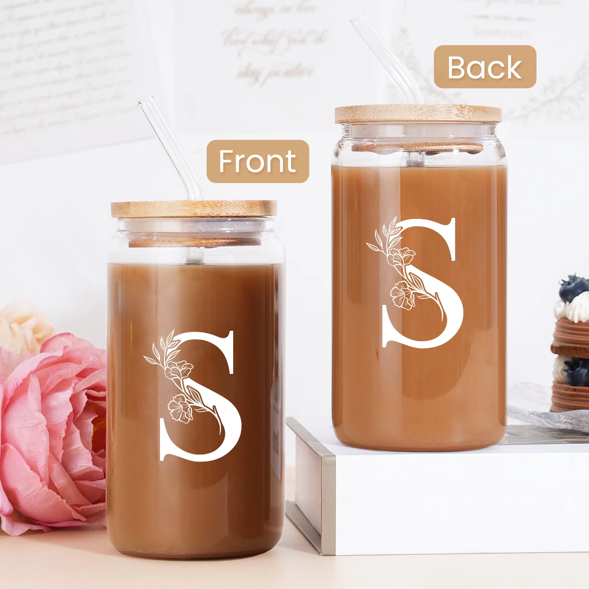 Monogram S Initial Glass Cup 16 Oz Can Coffee Cups With Lid And Straw - Gifts For Womens On Birthday 6 Monogram S Initial Glass Cup 16 Oz Can Coffee Cups With Lid And Straw - Gifts For Womens On Birthday - Image 4