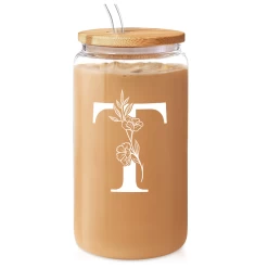 Monogram T Initial Glass Cup 16 Oz Can Coffee Cups With Lid And Straw - Gifts For Womens On Birthday