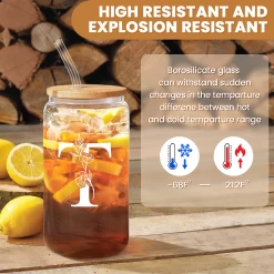 Monogram T Initial Glass Cup 16 Oz Can Coffee Cups With Lid And Straw - Gifts For Womens On Birthday -Gift Series Store FBSJFSCIPV301223020 20mk3